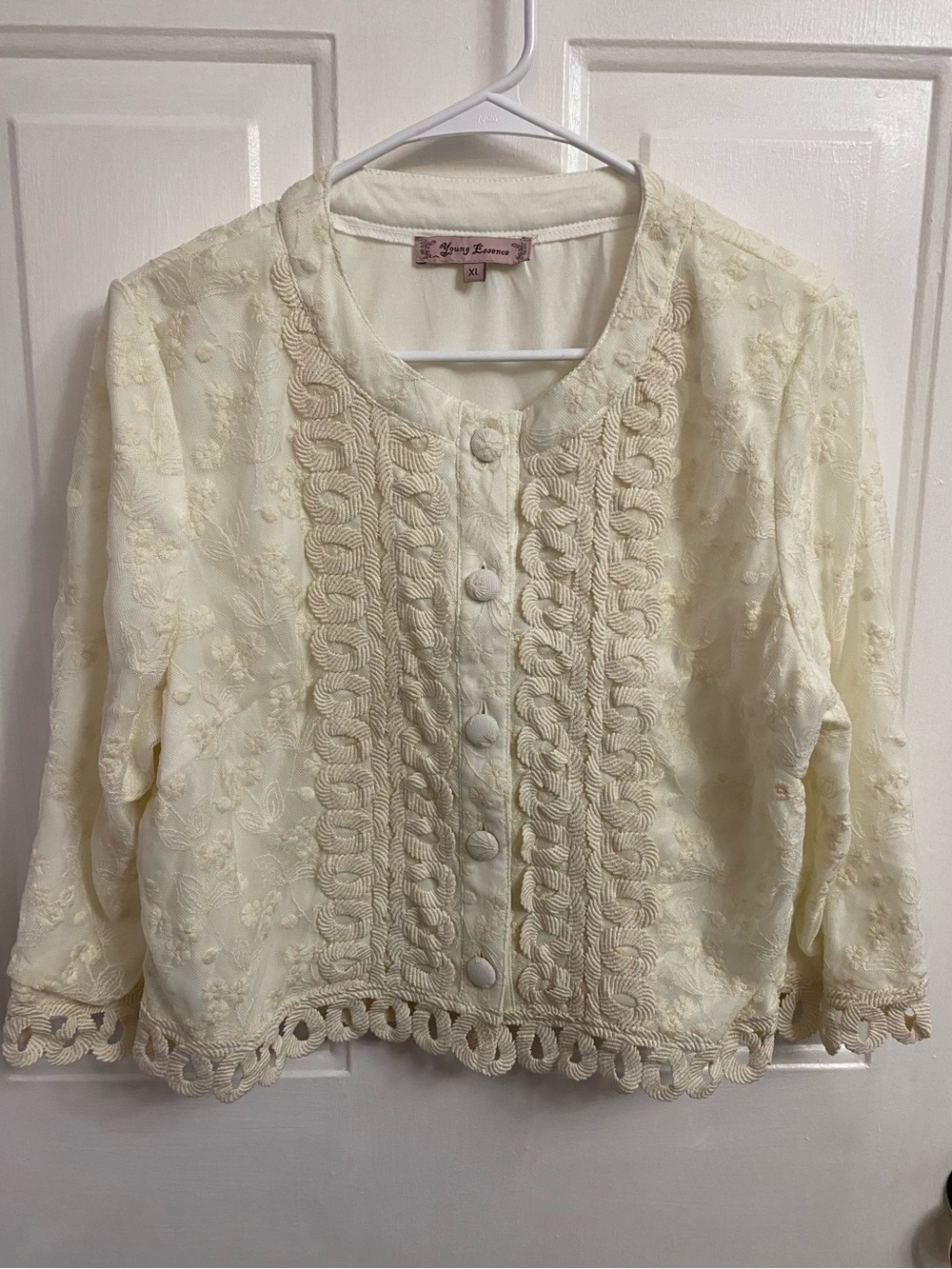 Young Essence Cream Embroidered Button Front Cardigan/Top, XL petite women size